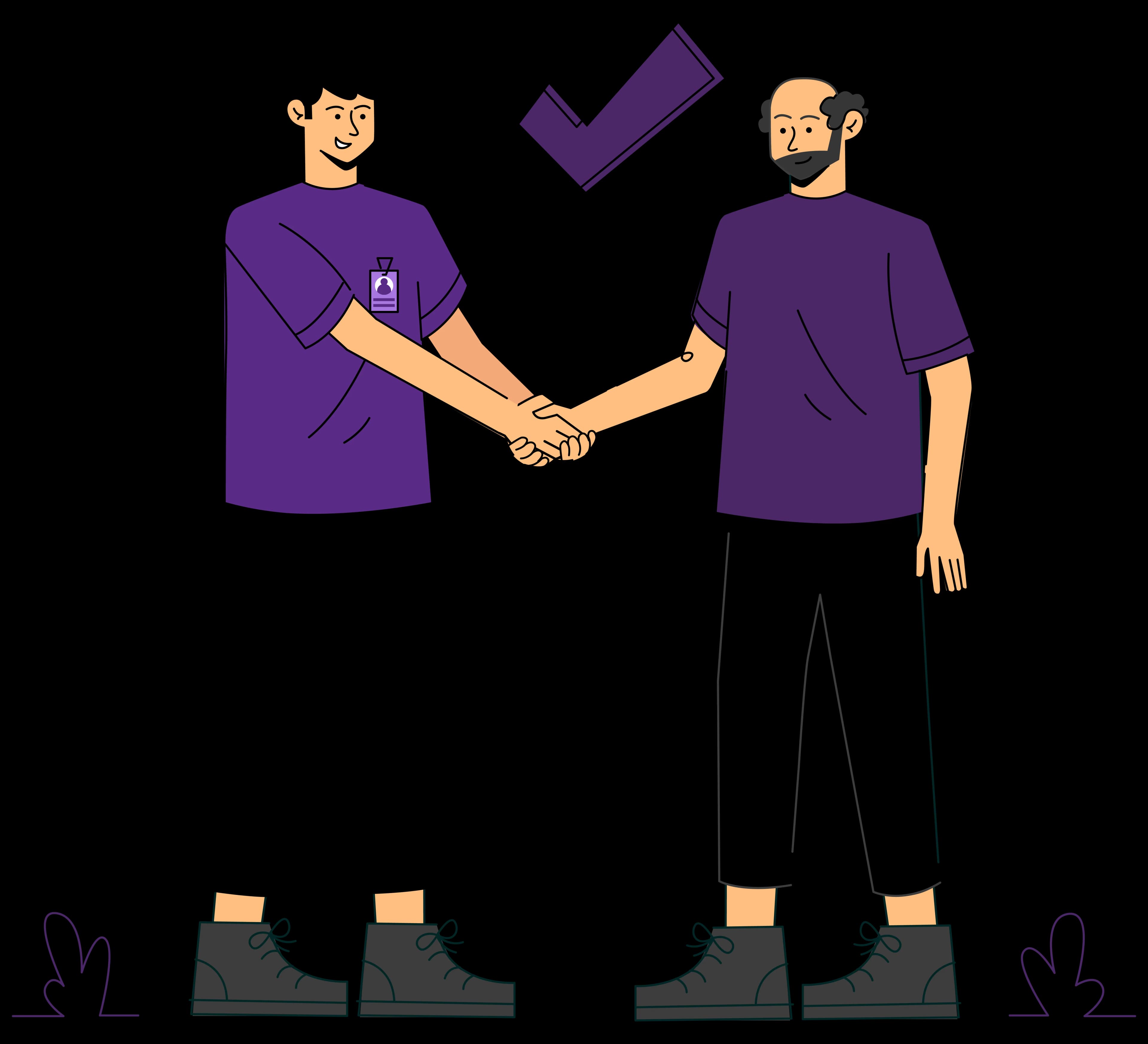 Two people shaking hands under a checkmark