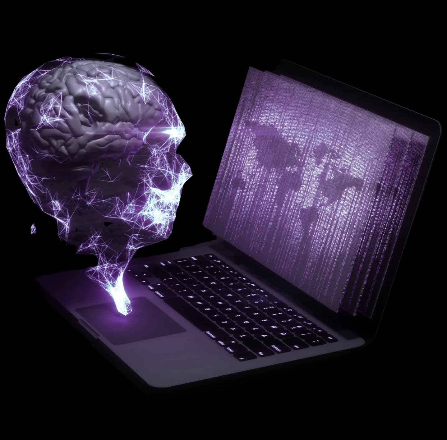 Purple brain connected to a laptop displaying a data map