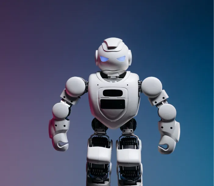 White humanoid robot standing on a purple gradient