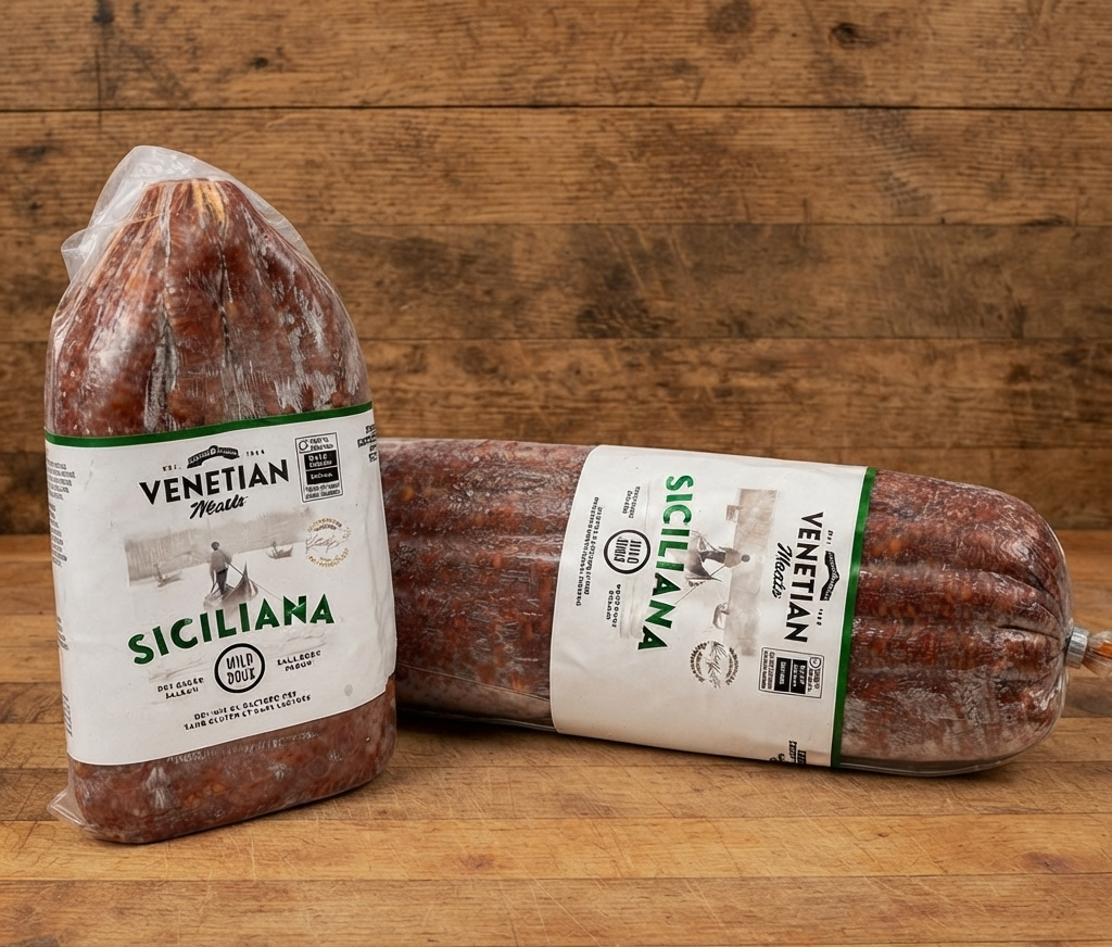 Real inventory photography of cured meats on the Mercury deli counter, warm depth of field